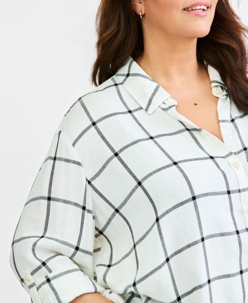 Plus Size Plaid Roll-Tab Button-Front Shirt