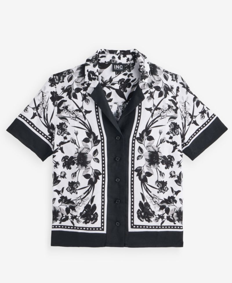 Petite Linen-Blend Printed Short-Sleeve Button-Up Shirt