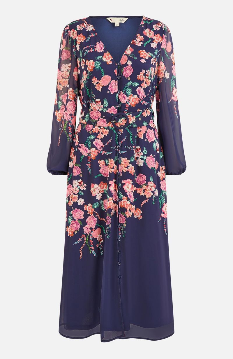 Women's Belted Floral Midi Dress