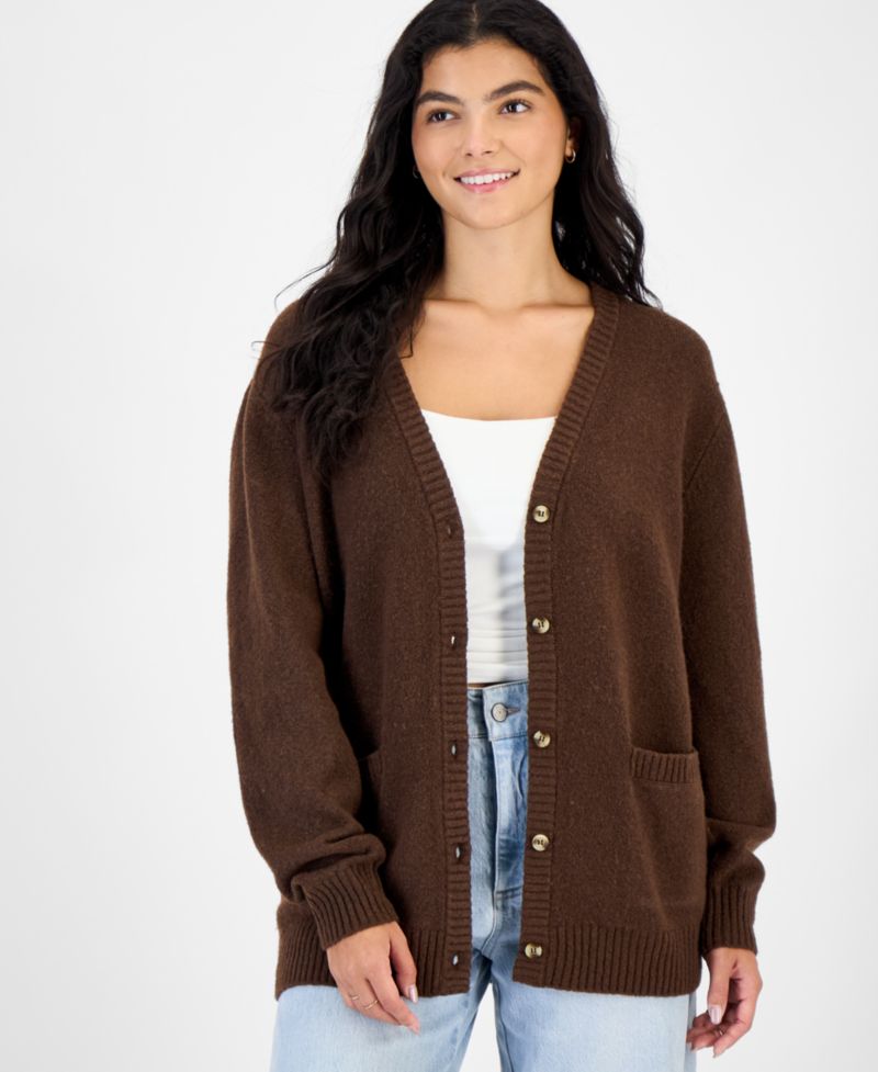 Juniors' V-Neck Boyfriend Button-Front Cardigan