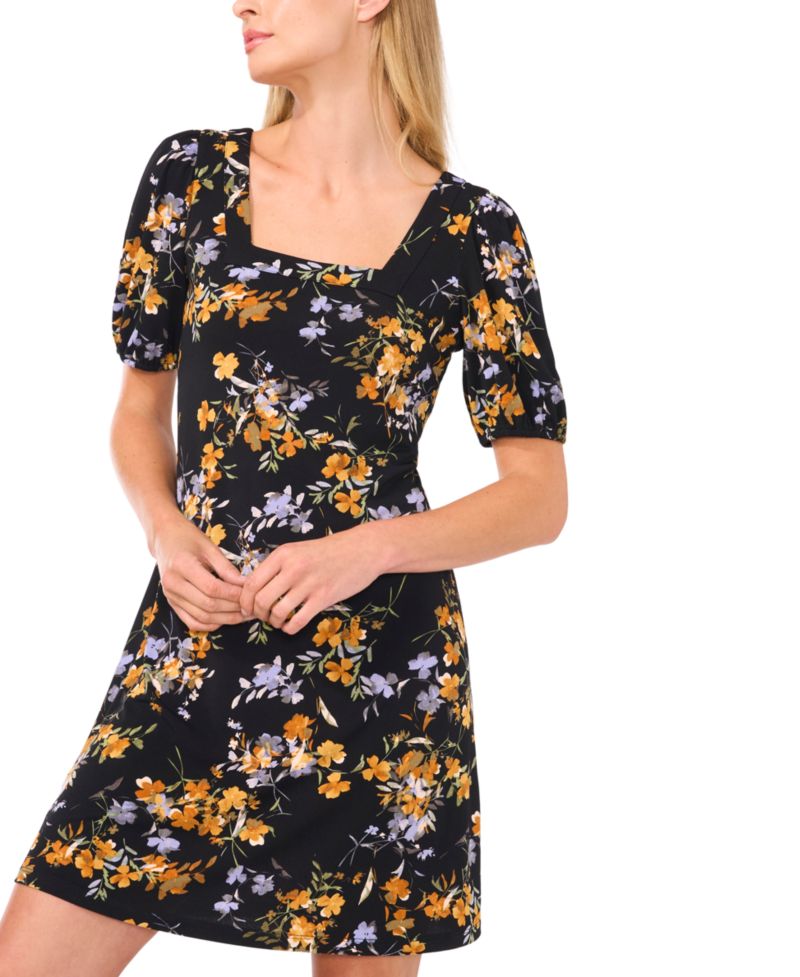 Women's Floral Puff-Sleeve Square-Neck Knit Dress