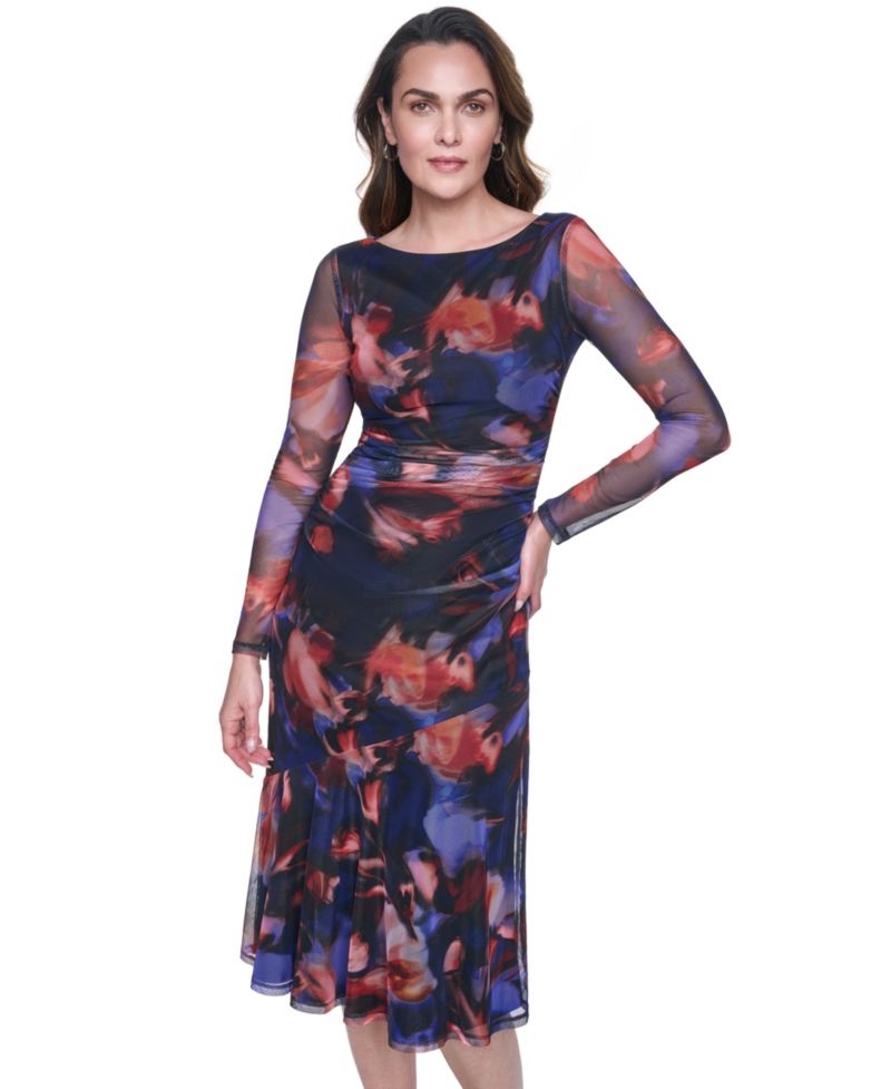 Women's Printed Mesh Bodycon Midi Dress