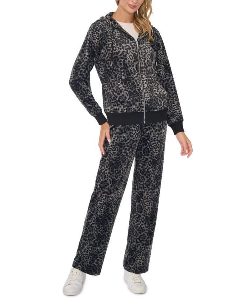Women's Velour Animal-Print Drawstring-Waist Straight-Leg Pants