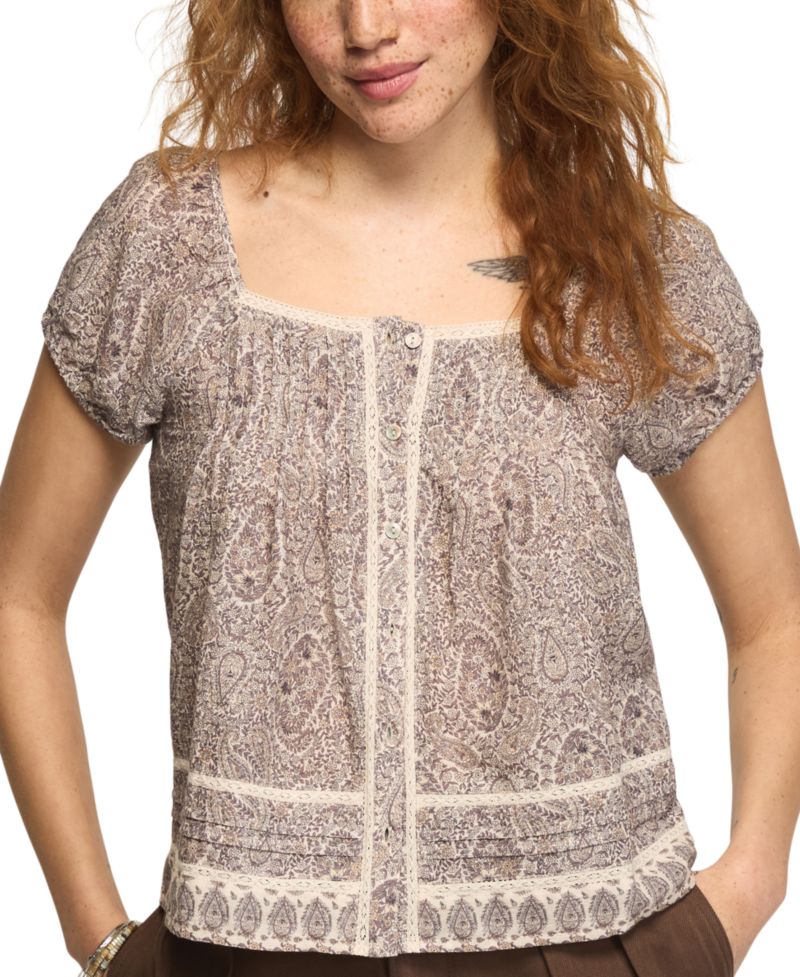 Women's Cap Sleeve Lace Peasant Top