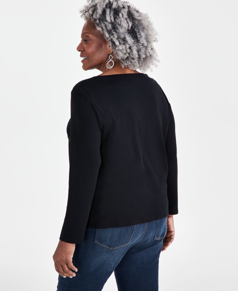 Petite Scoop-Neck Long-Sleeve Cotton Top