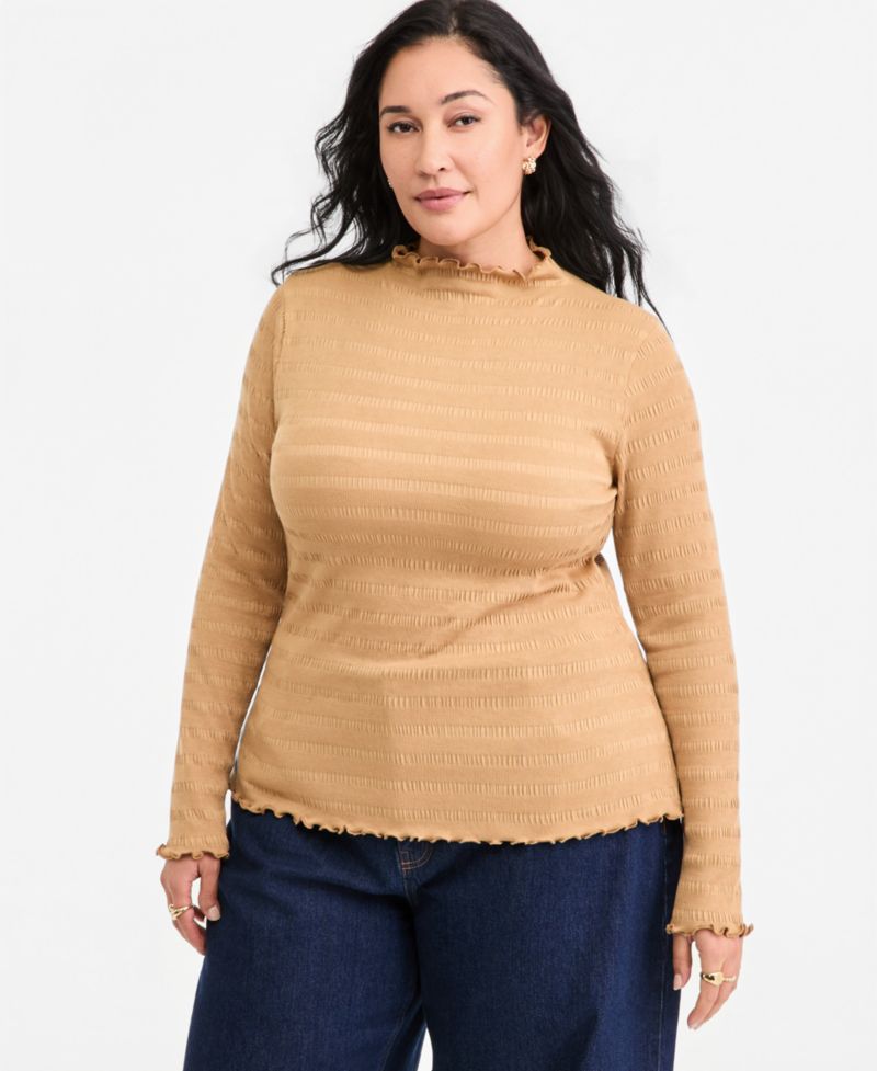 Plus Size Long-Sleeve Funnel Neck Puckered-Rib Top