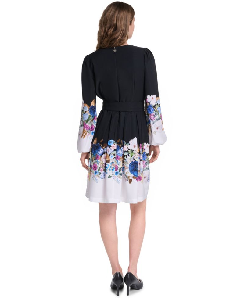 Women's Floral Long-Sleeve Self-Tie Button-Front Dress