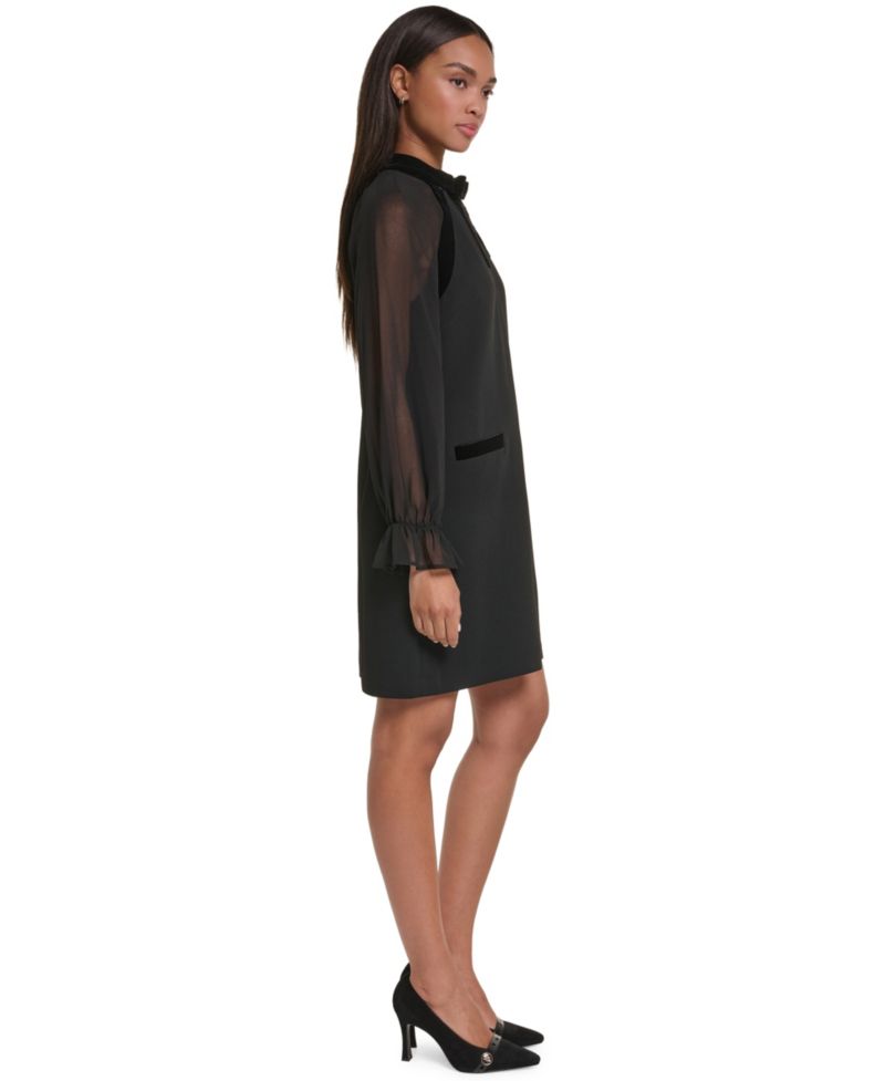 Petite Velvet Bow Mock Neck Long-Sleeve Dress