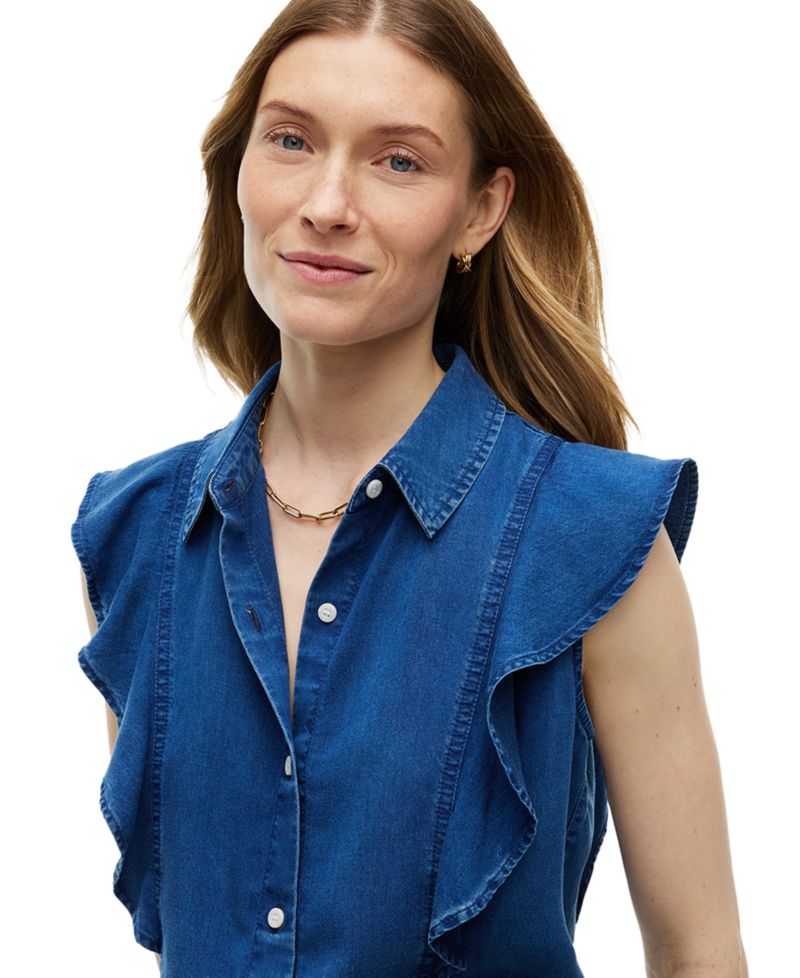 Women's Chambray Frill Sleeveless Button-Front Shirt