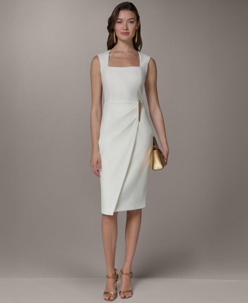 Women's Square Neck Sheath Sleeveless Hardware Midi Dress