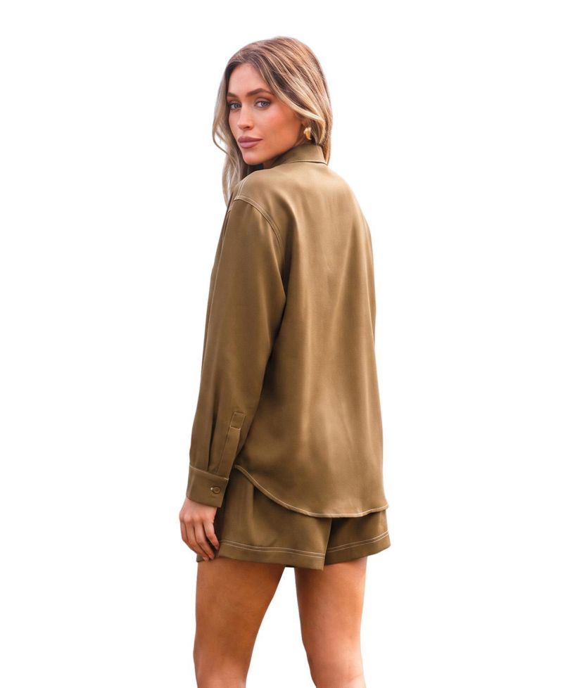 Women's Contrast Stitch Button Down Shirt & Drawstring Short Matching Set