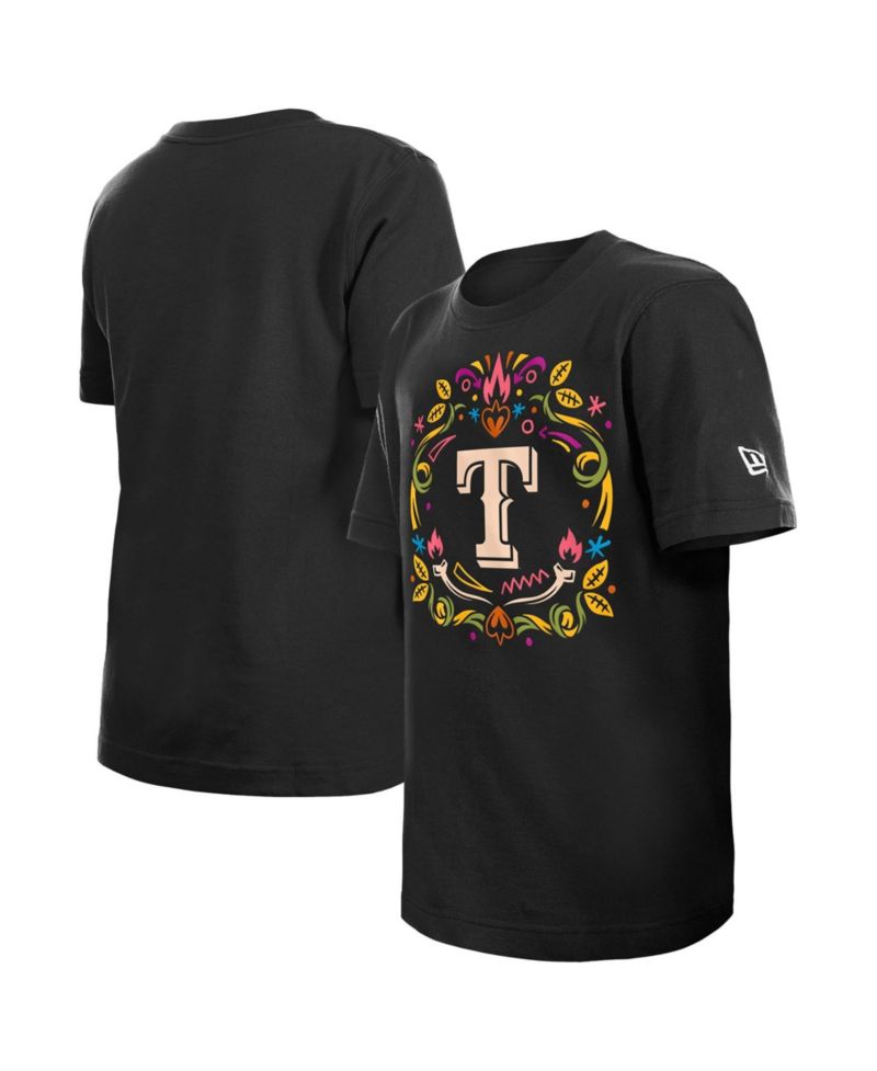 Big Boys and Girls Black Texas Rangers Día de los Muertos T-Shirt