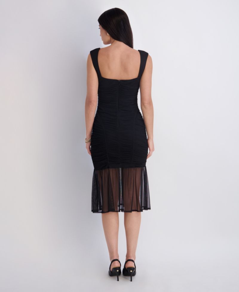 Women's Mesh Over Scuba Ruched Body-Con Midi Dress