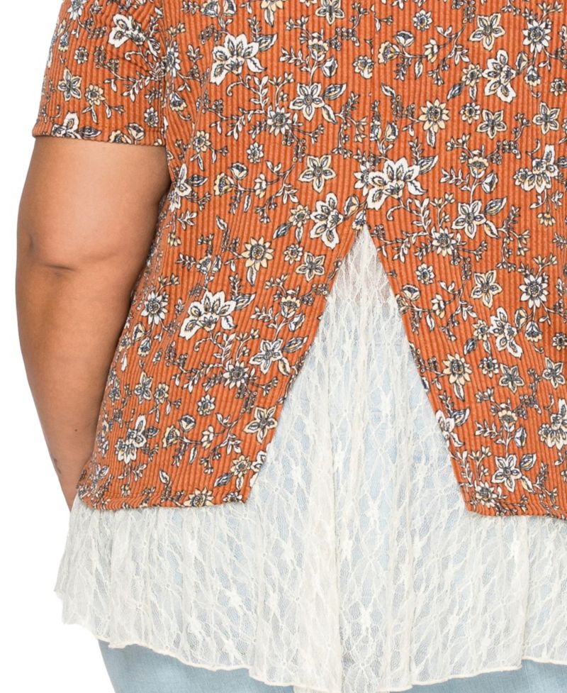 Plus Size Boho Floral Rib and Lace Pleat Back Short-Sleeve Top
