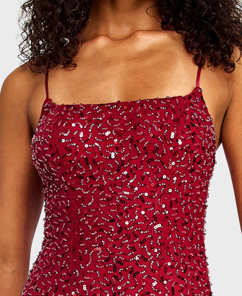 Juniors' Square Neck Bead & Imitation Pearl Detail Sequin Dress with Feather Hem