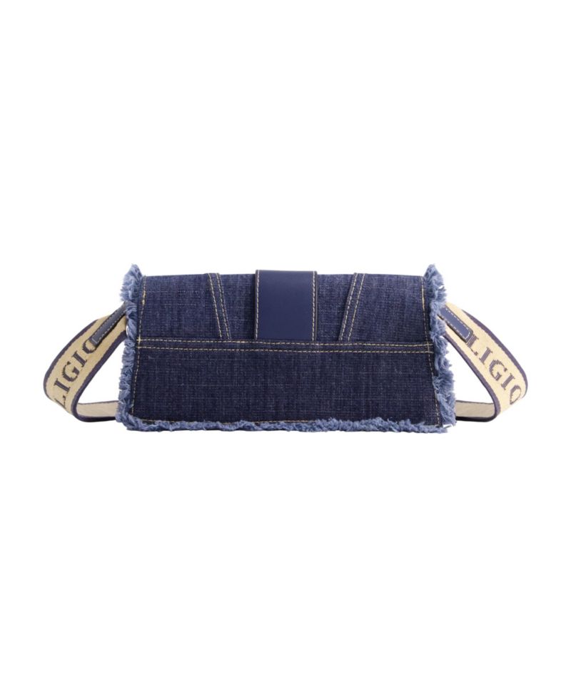 Frayed Denim Flap Bag with Logo Strap