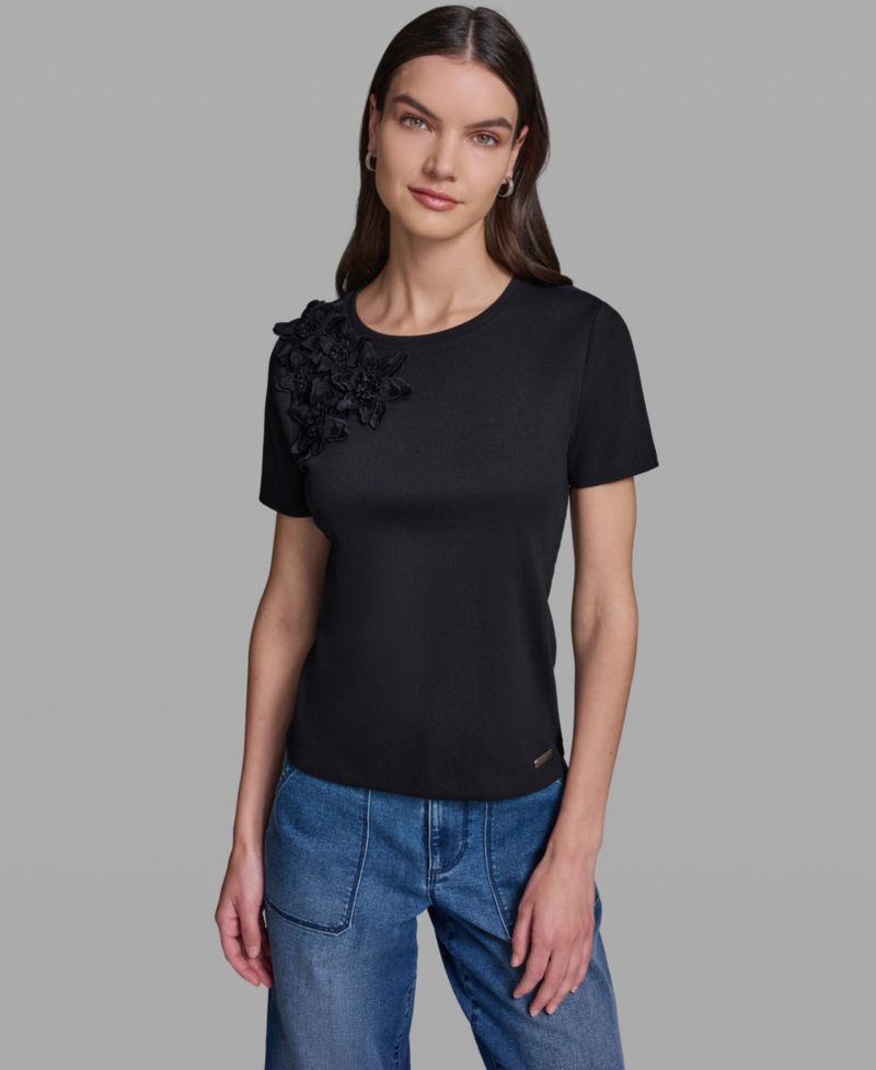 Petite Floral Applique Short-Sleeve Rib Knit Top