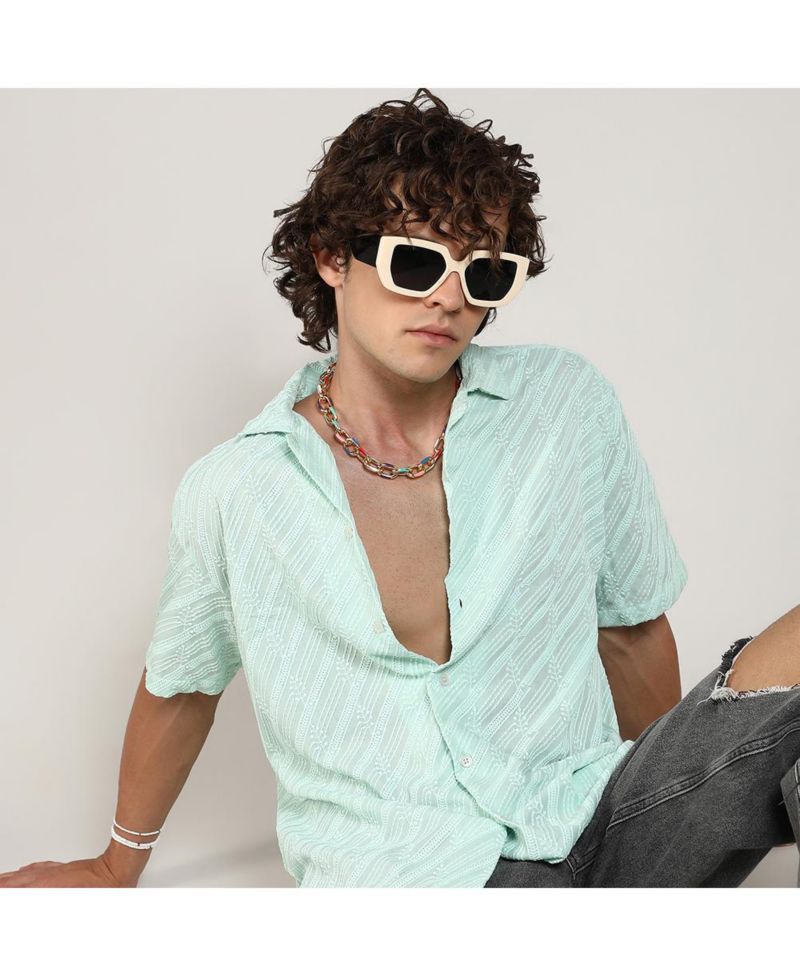 Men's Mint Green Embroidered Striped Shirt