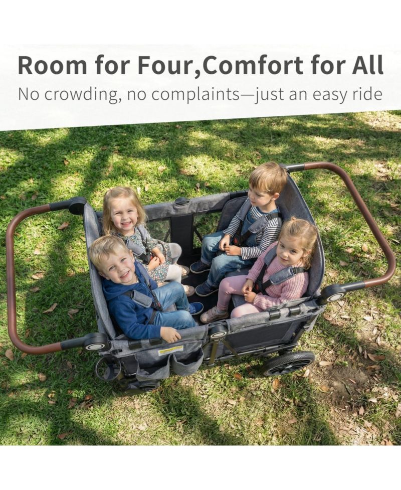 All-Terrain 4-Seat Stroller Wagon with Canopy, Shock-Absorbing Wheels, Snack Tray, Storage Bag & Adjustable Handle