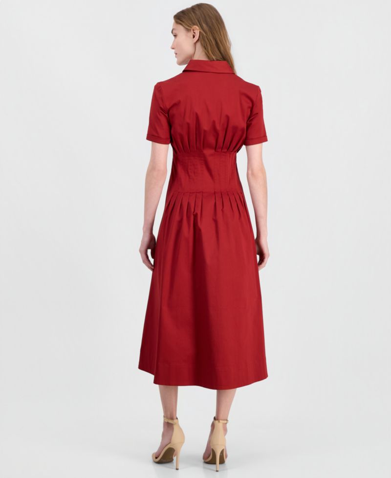 Women's Pleated-Waist Midi Shirt Dress