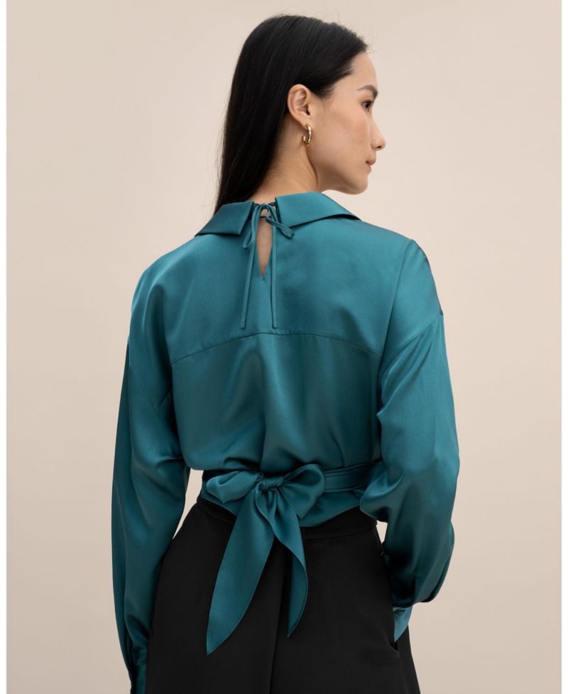 Women's Pure Silk Blouse Wrapover Cropped Shirt