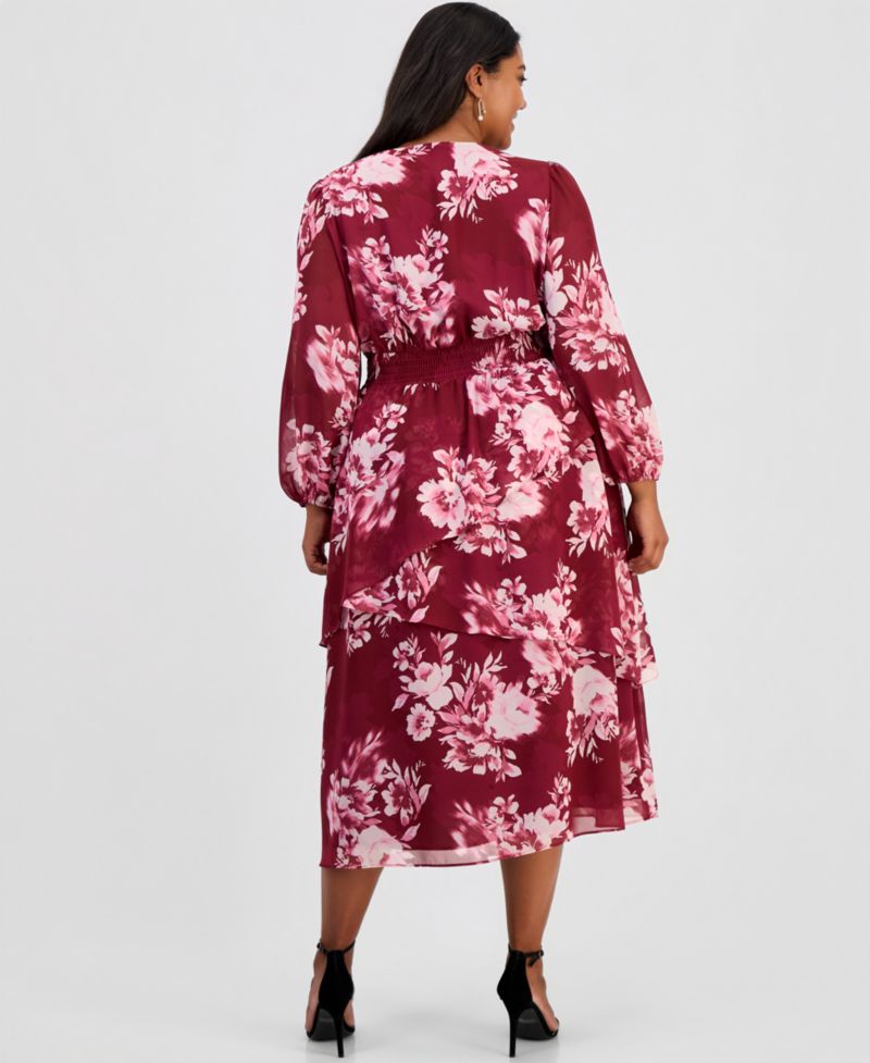 Plus Size Long-Sleeve V-Neck Tiered Midi Dress