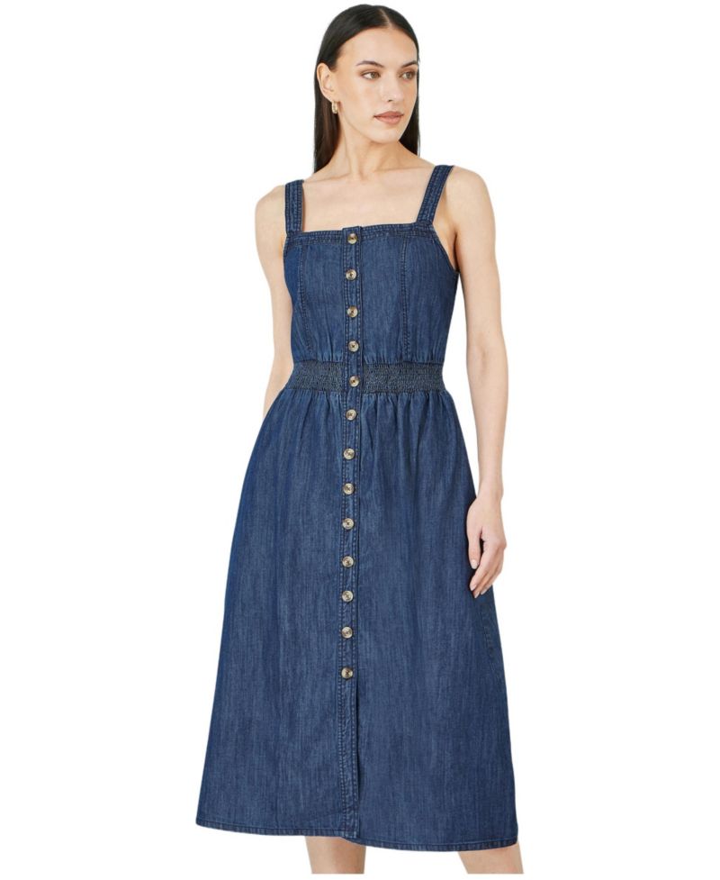 Women's Chambray Cotton Ruched Midi Sun Dress