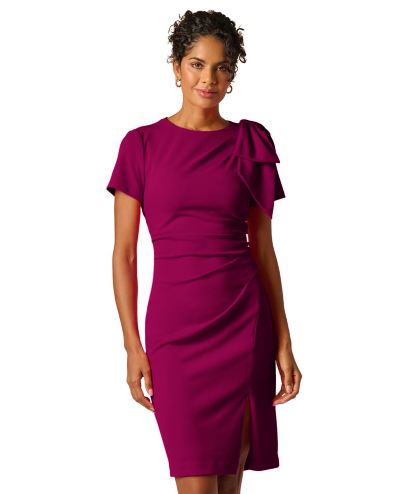 Petite Crewneck Pleated Bow Midi Dress