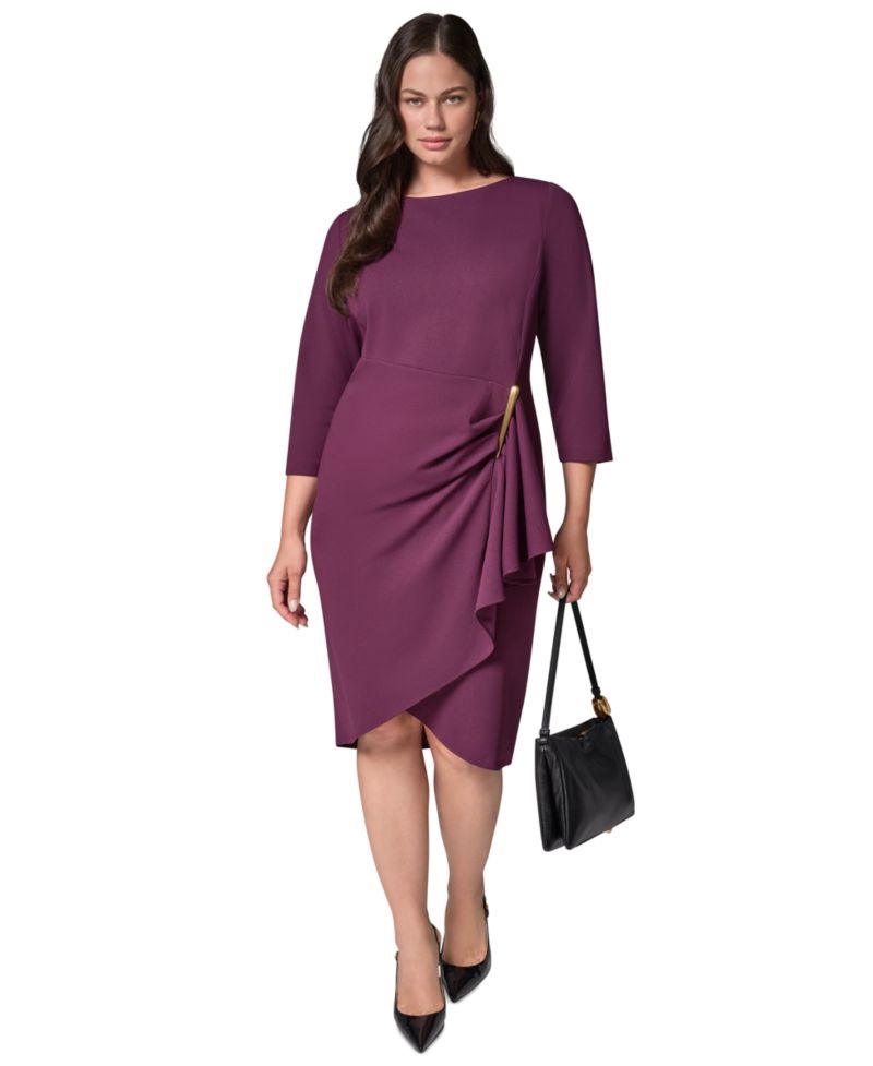 Petite Long-Sleeve Boat-Neck Side Cascade Ruffle Dress