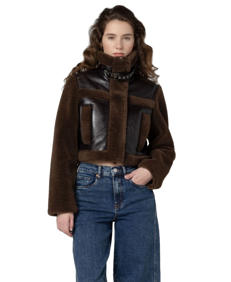 Women's Funnel Collar Cropped Sherpa Jacket