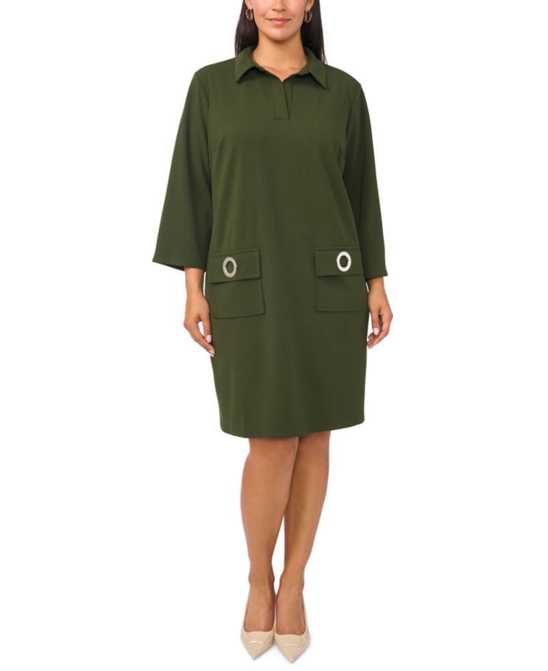 Plus Size Pocket Shift V-Neck 3/4-Sleeve Dress