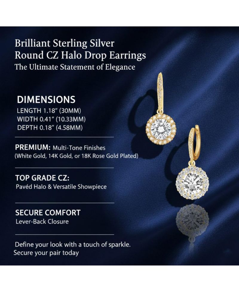 Brilliant Sterling Silver Round CZ Haloed Solitaire Drop Earrings