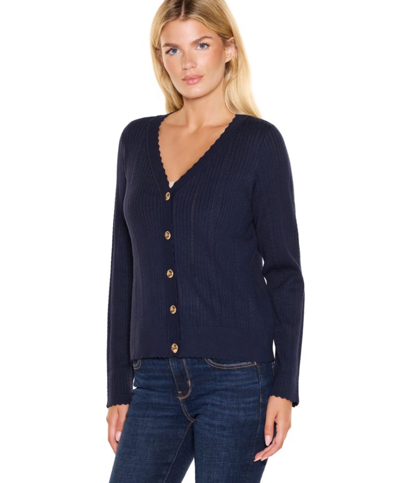 Women's Ribbed Cable V-Neck Button-Front Cardigan