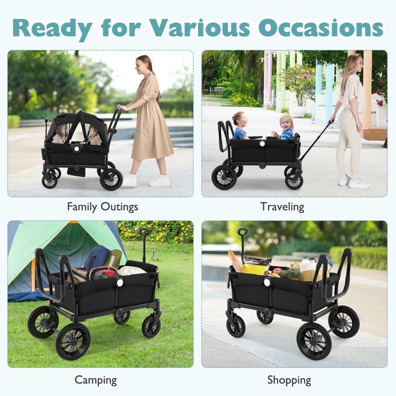 2-Seater Collapsible Kids Wagon Stroller with Push Pull Handle and Adjustable Bar