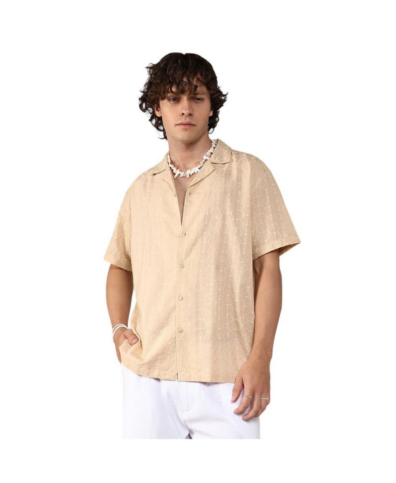 Men's Beige Embroidered Geometric Shirt