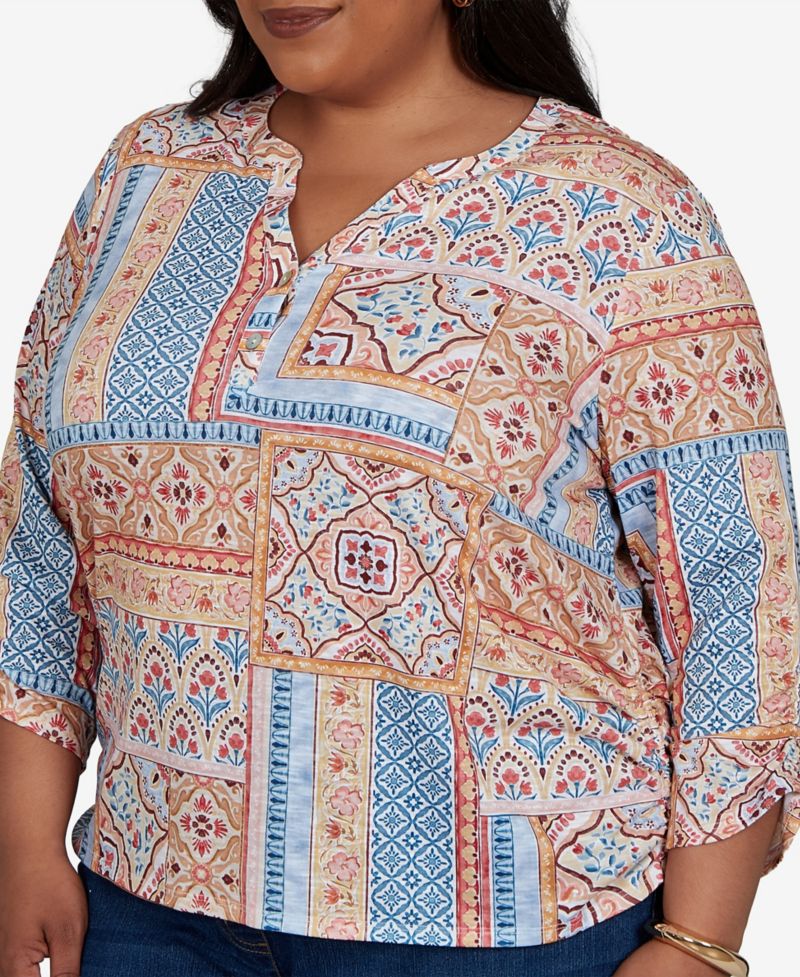 Plus Size 3/4-Sleeve Patchwork-Print Blouse