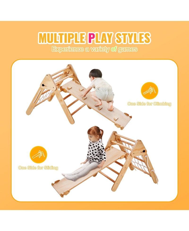Toddler 4 in 1 Climbing Set with Wooden Pikler Triangle Ramp and Arch for Indoors