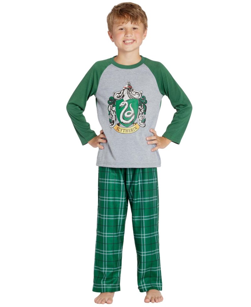 Boys' Plaid Hogwarts Houses Crest Raglan Kids 2Piece Pajama Set - Gryffindor Hufflepuff Slytherin Ravenclaw