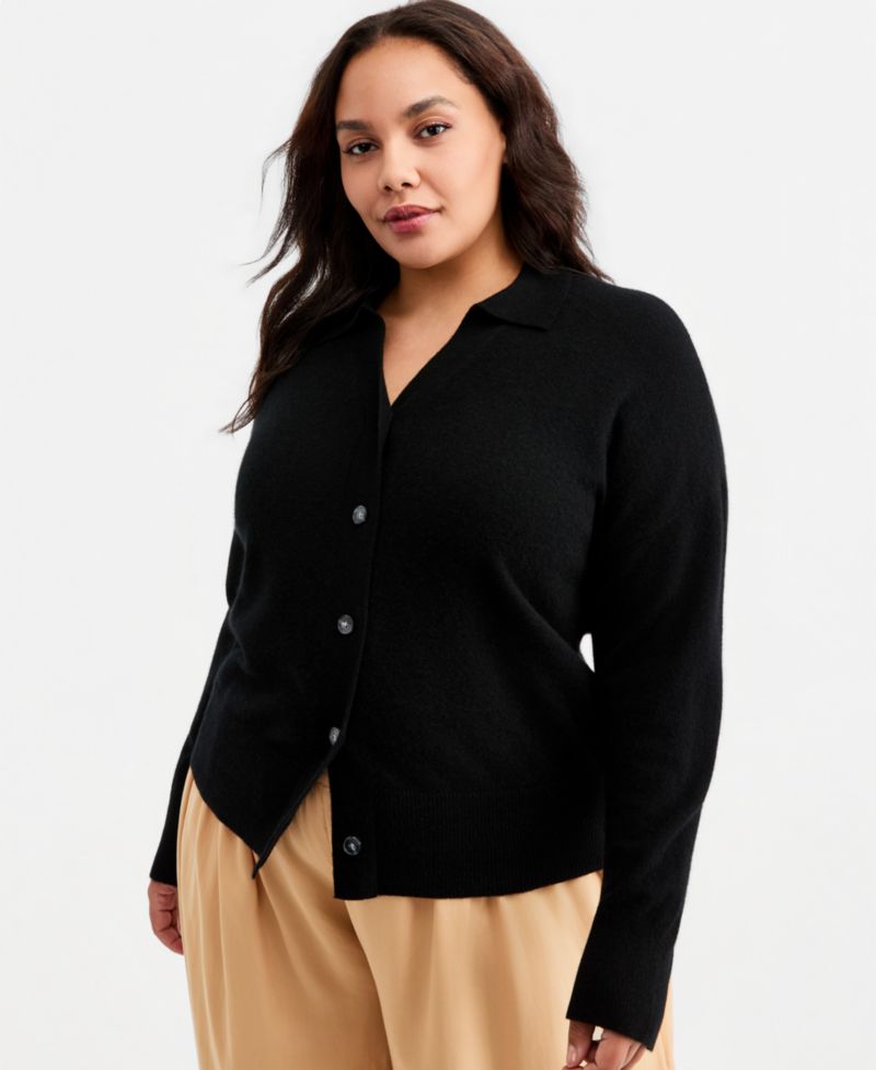 Plus Size 100% Cashmere Collared Cardigan