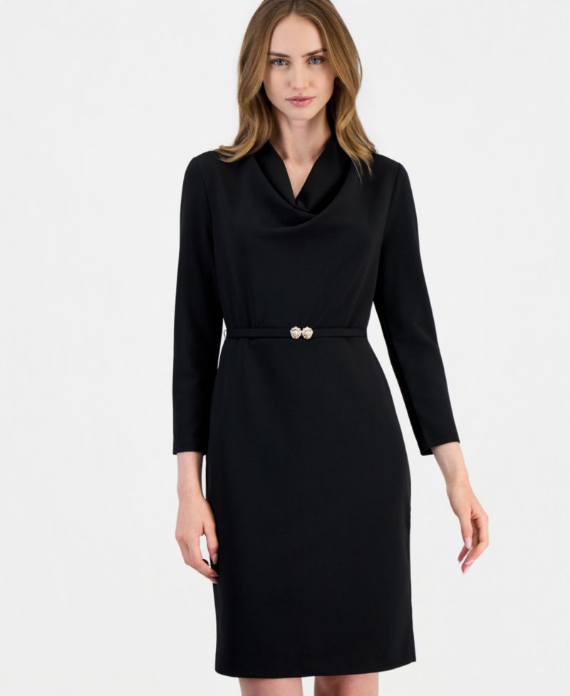 Women's Cowl-Neck Belted Long-Sleeve Dress