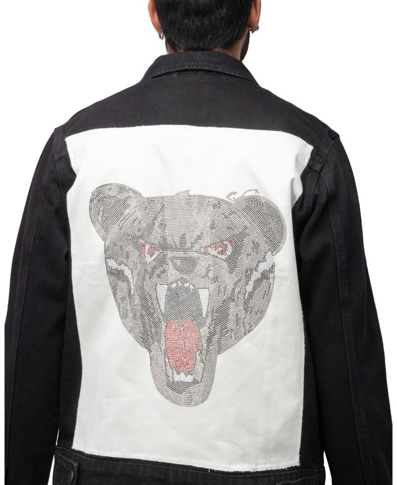 Men's Rhine Stone Graphic Back Denim Trucker Jacket
