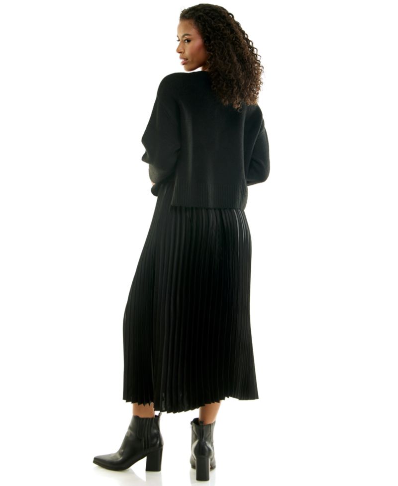 Juniors' Pleated-Satin Midi Crewneck Sweater and Slip Dress, 2-Piece Set