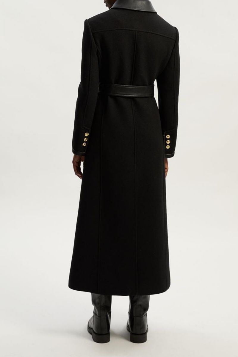 Women's Wool Pu Mix Belted Tailored Maxi Coat
