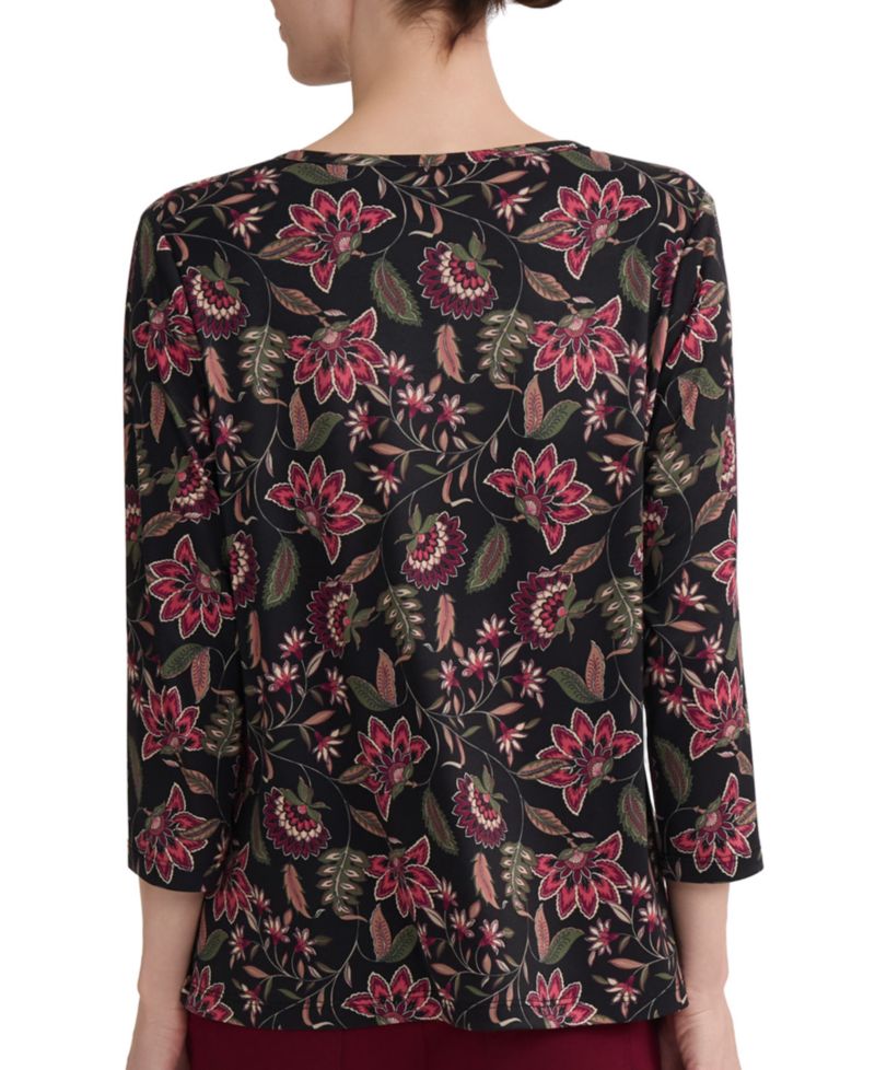 Petite Keyhole 3/4-Sleeve Floral-Print Knit Blouse
