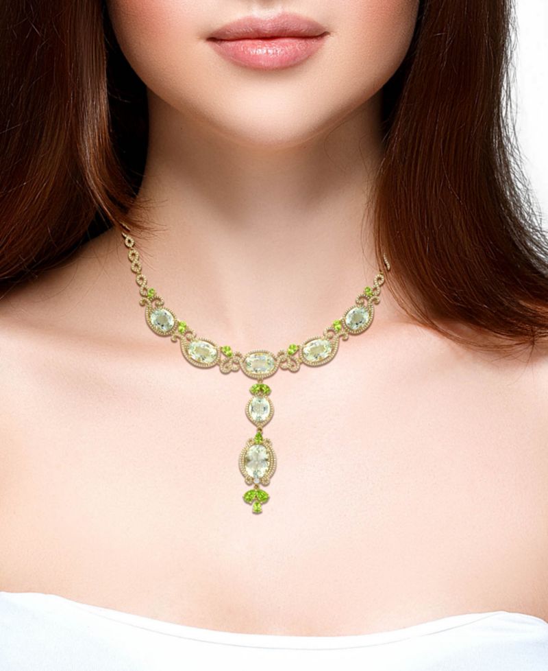 Green Amethyst (1/7 ct. t.w.), Peridot (1/5 ct. t.w.) & Diamond (1/5 ct. t.w.) Necklace in 14k Yellow Gold