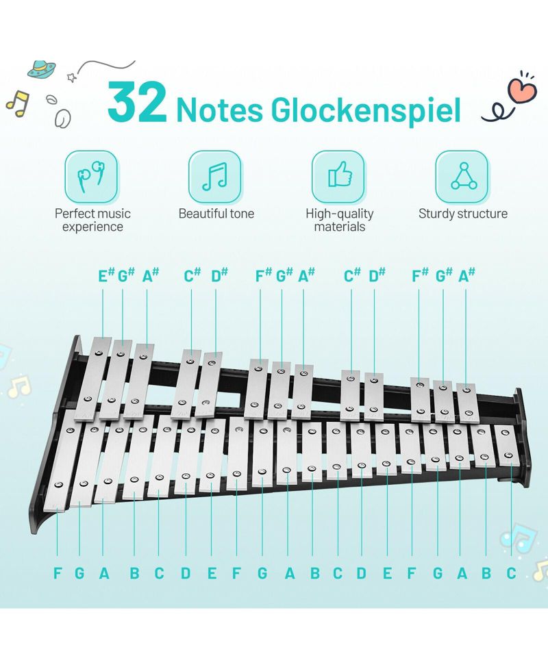 32-Note Glockenspiel Xylophone Percussion Bell Kit with Adjustable Stand