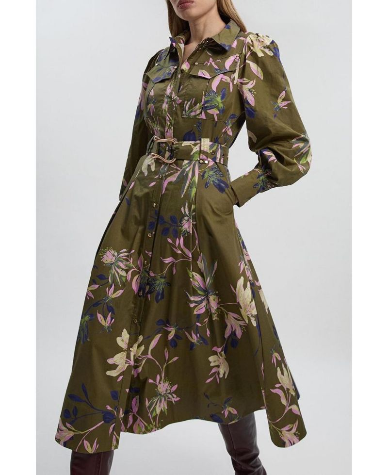 Women's Floral Cotton Sateen Midi Shirt Dress