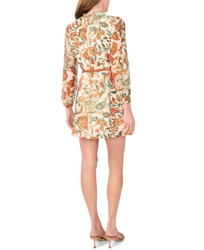 Petites Ruffle Mock Neck Floral-Print Long-Sleeve Dress
