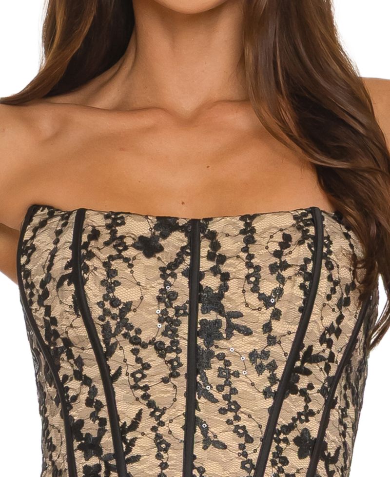 Juniors' Strapless Lace Corset Midi Dress