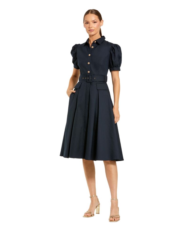 Women's Puff Sleeve Shirt Dress with Belted Waist